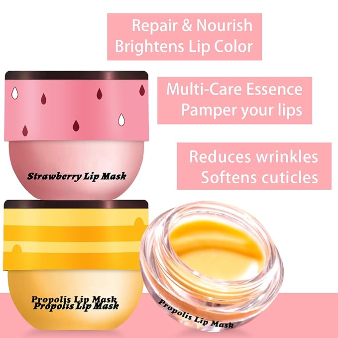 3 Pcs Bee Lip Balm Honey Pot, Honey Strawberry Apple Lip Mask Overnight, Moisturizing Lip Sleeping Mask, Hydrate Repair Prevent Dry Cracked Lip Exfoliator Lip Care (Honey+Strawberry+Apple Lime)-VivaGrace Women