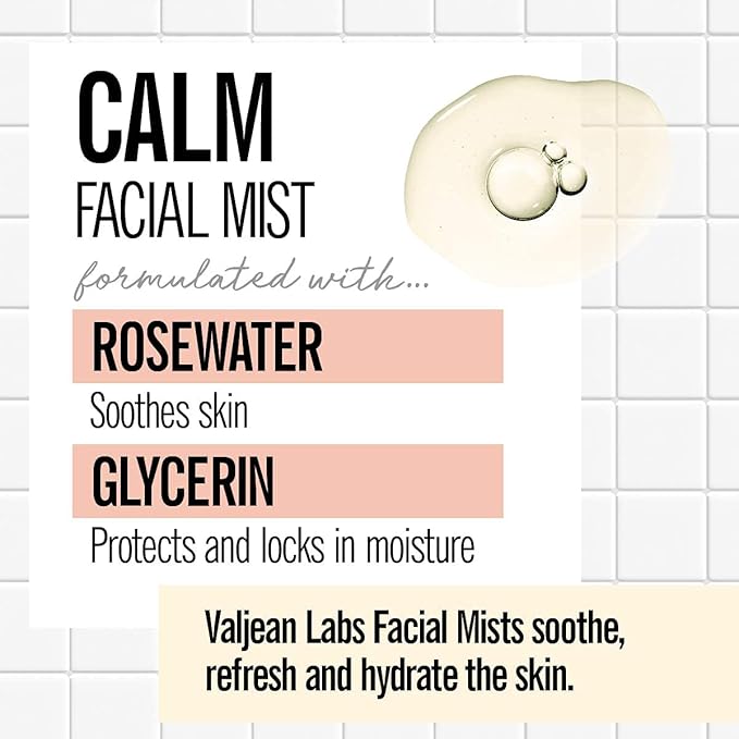 VALJEAN LABS Face Mist - Calm | Rosewater + Glycerine | Calms, Moisturizes, Soothes | Helps to Even Complexion | Paraben Free, Cruelty Free, Made in USA (8 oz)-VivaGrace Women