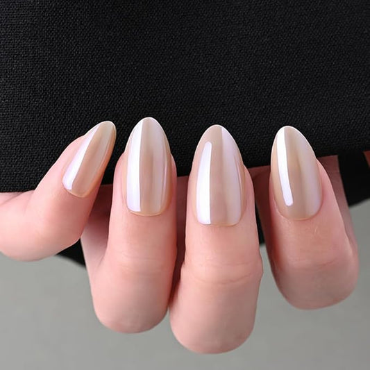 Aurora Chrome Beige Press On Nails Short Almond 30 Pcs, Designer Reusable Acrylic Fake Nails with Glue, Glossy Soft Gel Nails Wedding and Party, Stick On Glue On Nails, Nails fro Women Gift