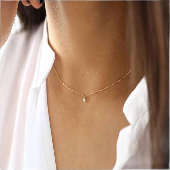 Boho Tiny Crystal Choker Gold Clear Quartz Pendant Necklace Minimal Dot CZ Choker Necklace Simple Everyday Necklace Wedding Necklace Jewelry for Women and Girls Gifts-VivaGrace Women