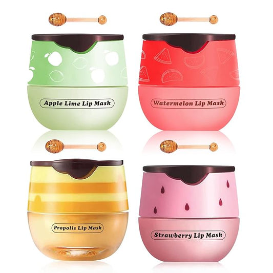 4PCS Bee Lip Balm Honey Lip Balm,Exfoliating Honey Pot Lip Balm Sleeping Lip Mask with Brush, Hydrating & Prevention Dry and Cracked, Lip Scrubs Exfoliator & Moisturizer-VivaGrace Women