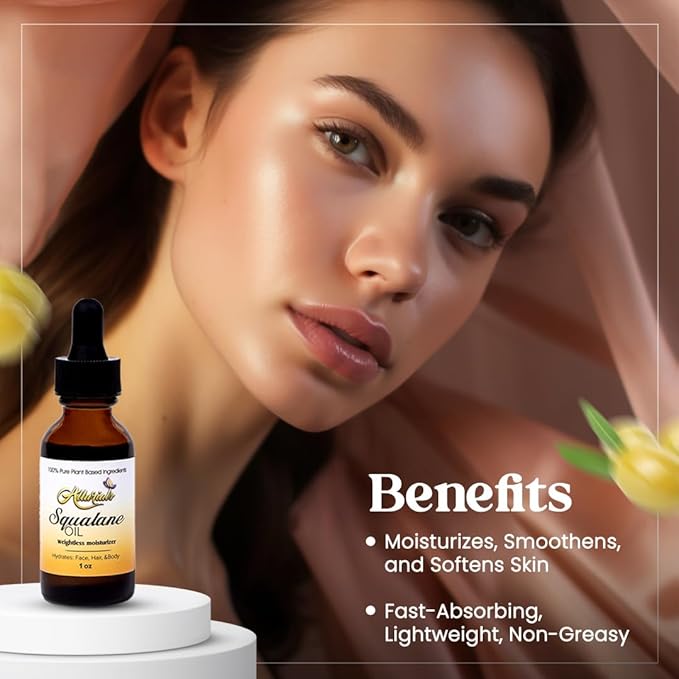 100% Organic & All Natural Plant-Based Squalane Oil for Face, Hair, & Body, Cold Pressed and Unrefined Premium Grade Multipurpose Facial Oil for Moisturize, Smooth, and Soften Skin - 1 Oz-VivaGrace Women