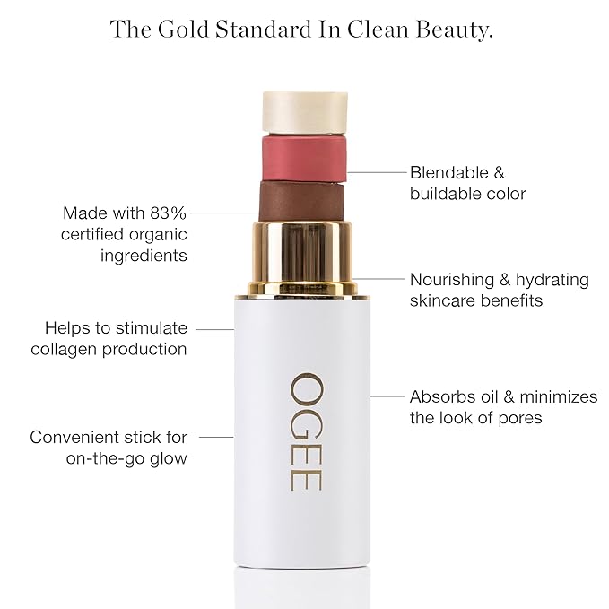 Ogee Sculpted Face Stick (ROSE QUARTZ - ROSE BLUSH) Certified Organic Blush Stick - Multi-Use Cream Blush Stick for Cheeks, Lips & Face