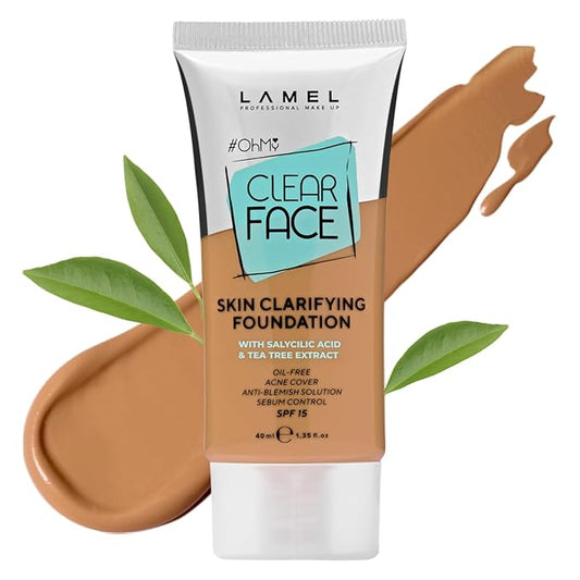 Lamel- Oh my Clear Face Foundation-406 Sand | Contains tea tree extract and salicylic acid |Controls sebum production |Anti-blemish formula |Oil free foundation | 40ml-VivaGrace Women