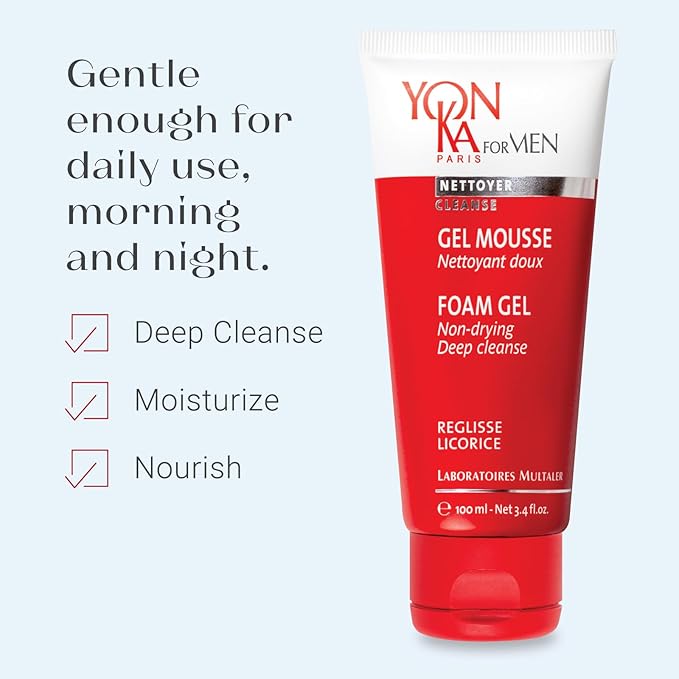 Yon-Ka Mens Foam Gel Cleanser (100ml) Moisturizing Face Wash for Deep Clean, Remove Oil and Buildup with Liquorice for Daily Cleansing