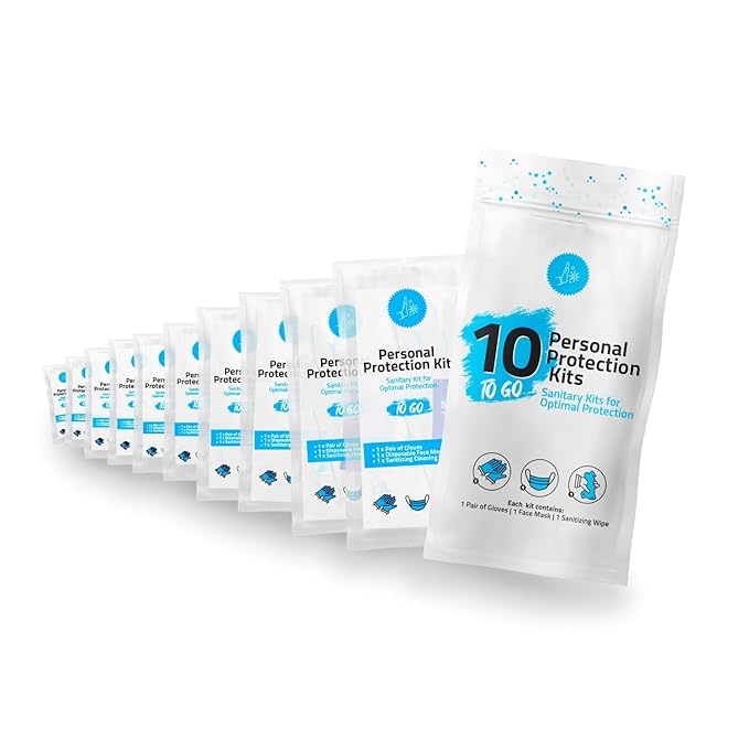 All-in-One Personal Protection Kits to GO - 10 Pack - With Plastic Gloves, Hand Cleansing Wipes, Disposable Face Mask-VivaGrace Women