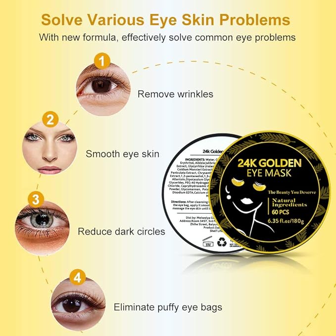 Under Eye Patches, 24K Gold Eye Mask, 60PCS Under Eye Mask, Collagen Gel Pads Patch Treatments for Lighten Wrinkles Puffy Eyes Dark Circles Anti-Aging Moisturizing, Fine Lines Eye Bags Women Men-VivaGrace Women