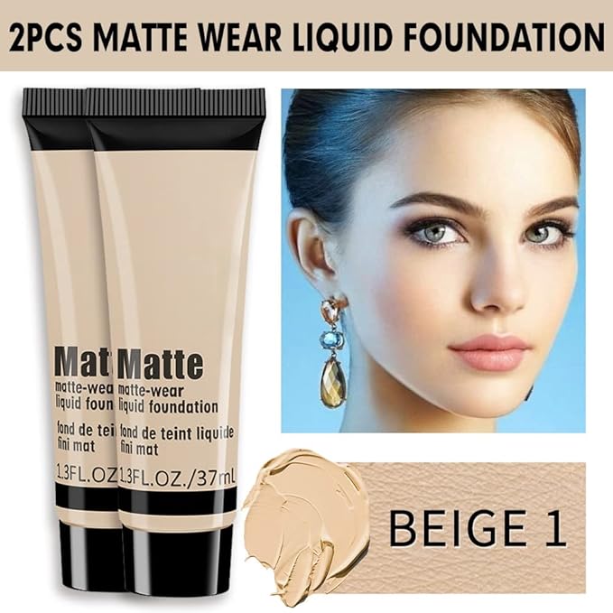 2 Pack Liquid Foundation Cream for Face Makeup,Durable Full Coverage Matte Concealer Make Up,Oil Control & Waterproof Base Primer -1+1 Fl.Oz-BEIGE 1#-VivaGrace Women