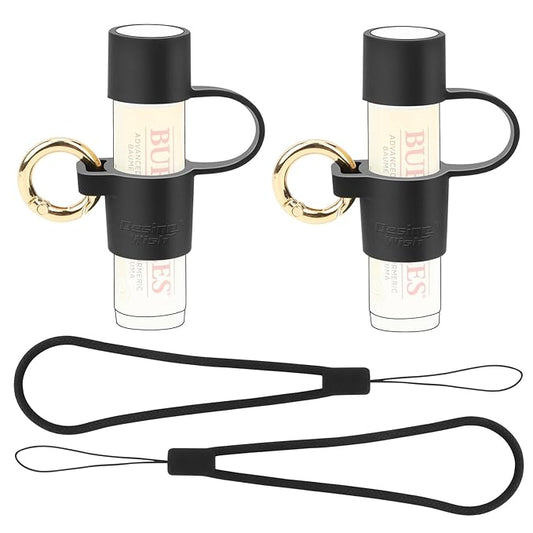 Desing Wish 2 PCS Silicone Lip Balm Holder with Cap Cover Portable Chapstick Holder Keychain Sleeve Lip Balm Key Chain with Key Ring and Wrist Strap Lanyard - Black-VivaGrace Women