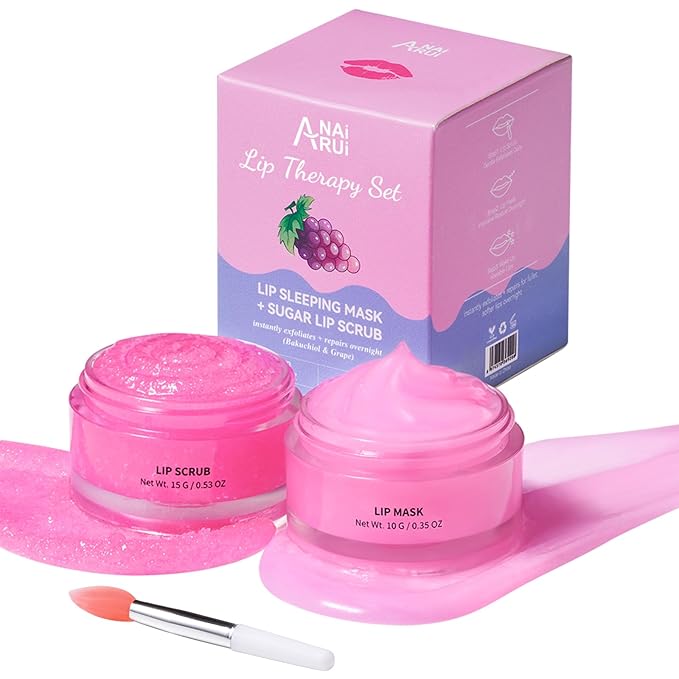 ANAI RUI Lip Therapy Set, Lip Scrub & Lip Mask, Overnight Hydrating Lip Moisturizer with Lip Exfoliator Scrub and Lip Sleeping Mask for Lip Plumping, Lip Gift Kit for Dry, Chapped, Dark Lips, Grape-VivaGrace Women