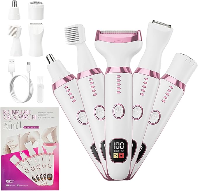 5-in-1 Electric Razor for Women - Bikini Trimmer with LED Display, Painless Hair Removal for Face, Nose, Eyebrows, Arms & Legs - Wet/Dry Rechargeable Shaver for Armpits & Pubic Area-VivaGrace Women