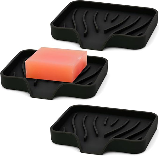 3-Pack Silicone Soap Dish, Bar Soap Holder, Soap Dishes for Bar Soap, Easy to Clean, Self Draining Soap Tray for Shower, Bathroom, Kitchen, Bathtub, Keep Soap Dry, Save Soap (Black)-VivaGrace Women