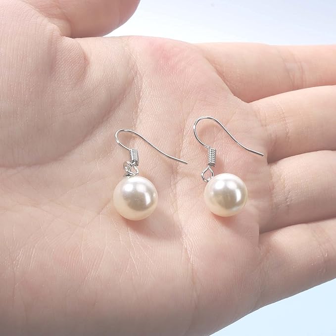 Boho Pearl Hook Earrings Freshwater Pearl Drop Earrings Silver Round Dangle Earrings Bridal Earrings Jewelry for Women and Girls Bridesmaid Gifts-VivaGrace Women