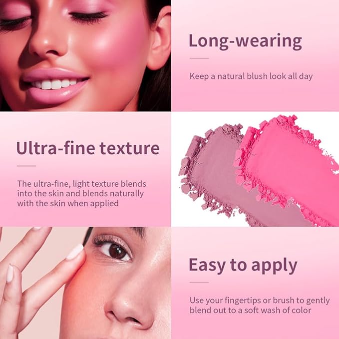 Pink Powder Blush Palette, Multi-Use Makeup Blusher Pink Face Powder for Eyes, Lips, Cheeks, Blendable Formula-VivaGrace Women