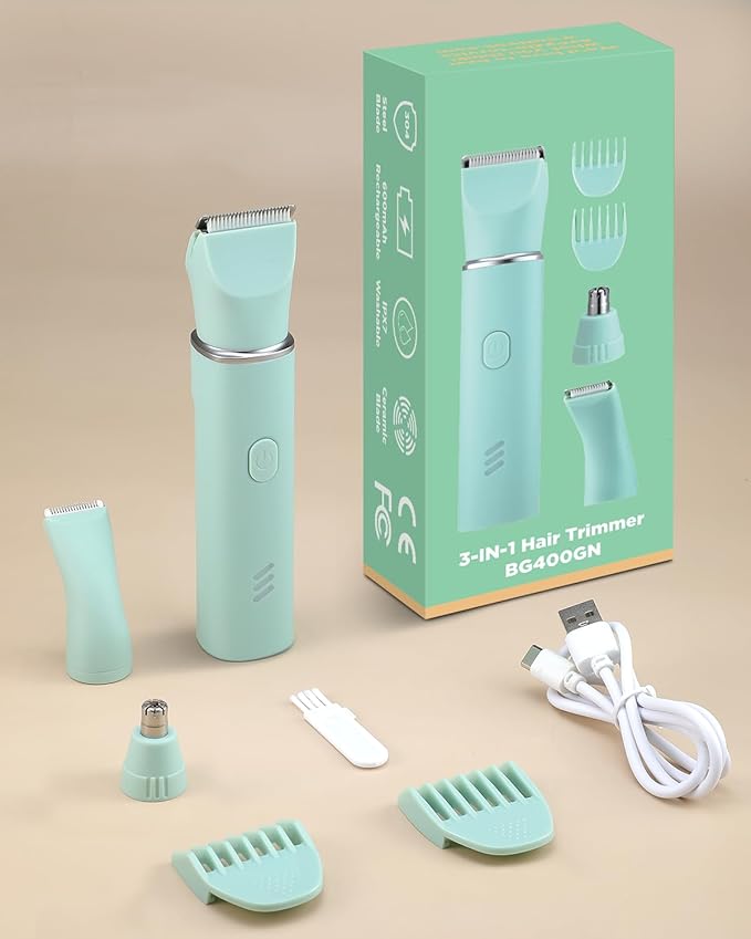 Bikini Trimmer for Women,2-in-1 Painless Electric Razors & Shaver Nose,IPX7 Waterproof,Body Hair Trimmer for Underarm/Pubic/Nose/Legs,USB-C Rechargeable Women's Grooming Kit (Mint Green)-VivaGrace Women