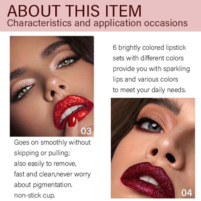 evpct 6Pcs Diamond Lip Gloss Matte to Glitter Liquid Lipstick Waterproof, Metallic Metal Shimmer Liquid Diamond Glitter Sparkle Sparkling Lipstick Lip Gloss Sets for Women Lips Kit, glitter+lipstick-VivaGrace Women