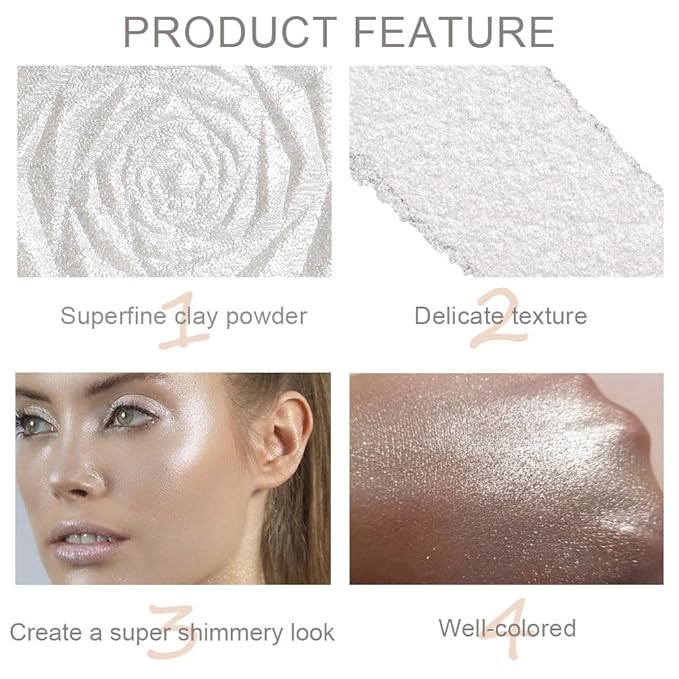 Pearl White Face Highlighter Makeup Shimmer Glitter Rose Sparkly Highlighters Makeup Powder Palette for Face Cheek Skin iluminadores iluminador (pearl white)-VivaGrace Women