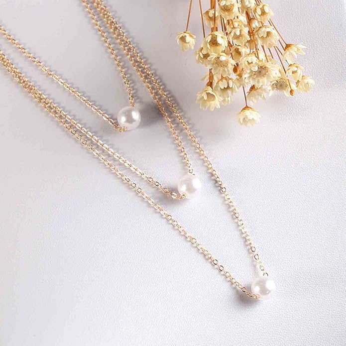 Boho Layered Pearl Necklace Choker Gold Pearl Pendant Necklace Multi Layer Vintage Necklace Chain Bridal Necklace Jewelry for Women and Girls-VivaGrace Women
