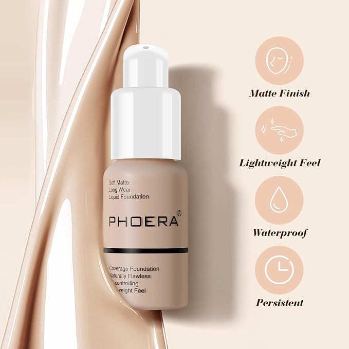 BestLand 2Pack PHOERA Foundation Full Coverage Liquid Foundation Cream - Long-lasting Lightweight Concealer - Oil-Free Formula - Natural Shade - Suitable for All Skin Types (104 Buff Beige & 105 Sand)-VivaGrace Women