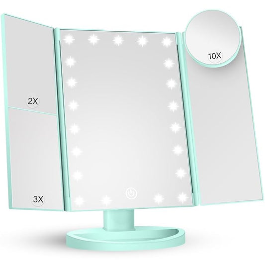 HUONUL Makeup Mirror Vanity with Lights, 2X 3X 10X Magnification, Lighted Mirror, Touch Control, Trifold Dual Power Supply, Portable LED Women Gift (Green)-VivaGrace Women