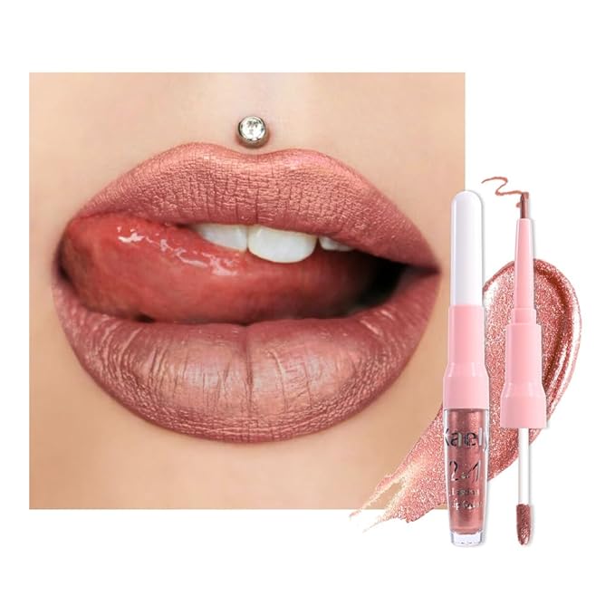 evpct Bronze Gold Metallic Glitter Lip Liner and Lipstick Combo Lip Gloss Stain Set Makeup for Women Long Lasting Waterproof 24, Rose Gold Metallic Shimmer Frosted Iridescent Glossy Liquid Lipstick 14-VivaGrace Women