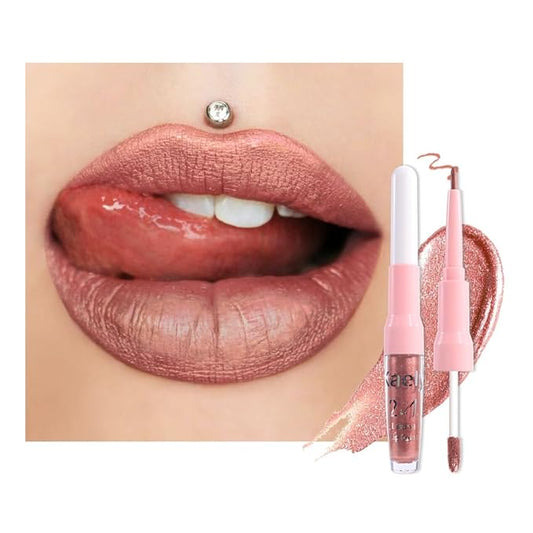 evpct Bronze Gold Metallic Glitter Lip Liner and Lipstick Combo Lip Gloss Stain Set Makeup for Women Long Lasting Waterproof 24, Rose Gold Metallic Shimmer Frosted Iridescent Glossy Liquid Lipstick 14-VivaGrace Women