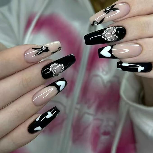 Long Heart Press on Nails Square Coffin Fake Nails with Love Diamond Glitter Design - Black French Tip Press on Nails Long Heart False Nails Artificial Nail for Women Girls Decorations 24pcs