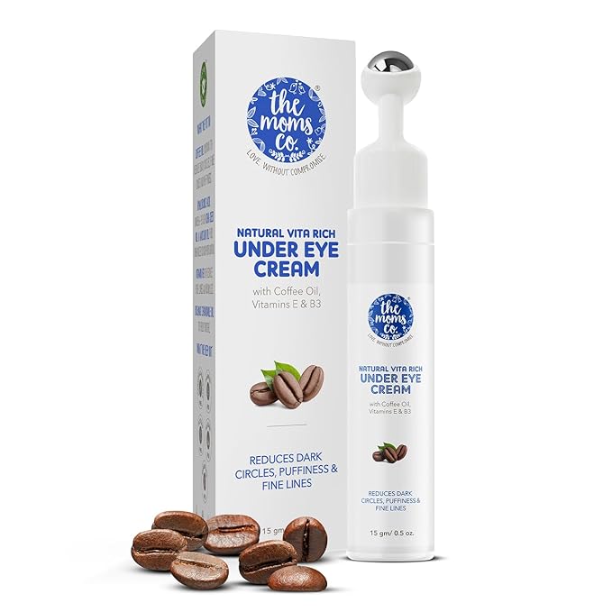 The Moms Co. Natural Vita Rich Under Eye Cream for Dark Circles and Puffiness for Women, Suitable for Delicate Skin Under Eye Area, Soothing Massage Roller with Coffee Oil, Vitamins E & B3, 15 gm-VivaGrace Women