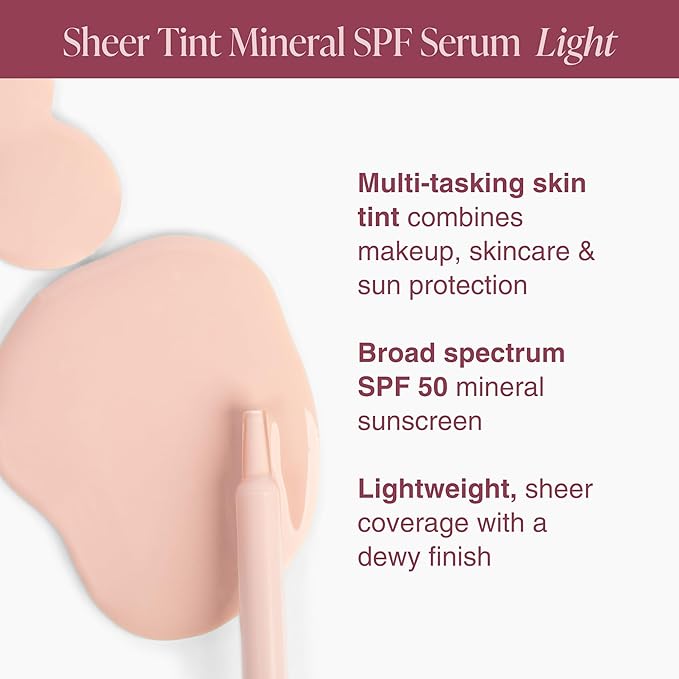 Mineral Fusion Face Serum, Sheer Tint Mineral SPF Serum, 1 Fl Oz, Light, Tinted Broad Spectrum SPF 50 Mineral Sunscreen, Sheer Coverage, Lightweight & Dewy Finish for Glowing, Protected Skin-VivaGrace Women