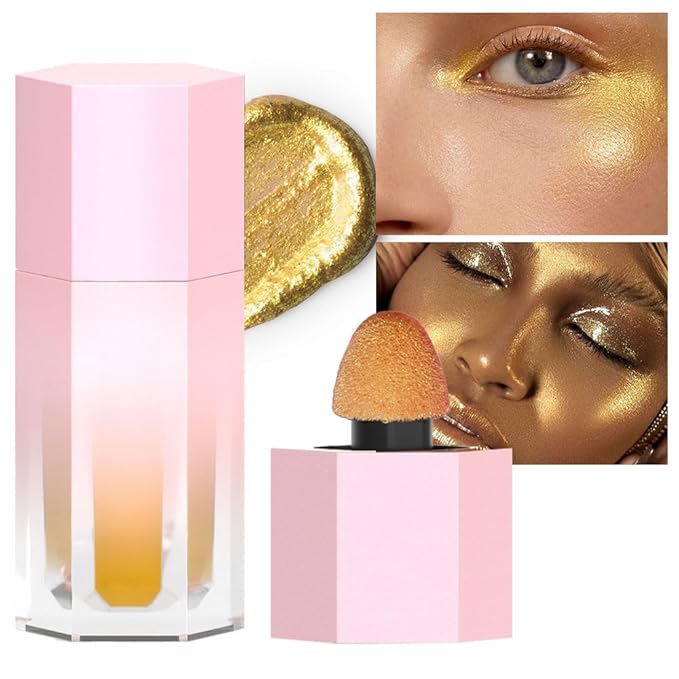 evpct Gold Highlighter Makeup Liquid, Gold Glitter Iridescent Face Festival Highlighter Makeup Waterproof Long Lasting Halographic Shimmer Shimmery Body Highlighter Makeup Palette Stick Illuminators-VivaGrace Women