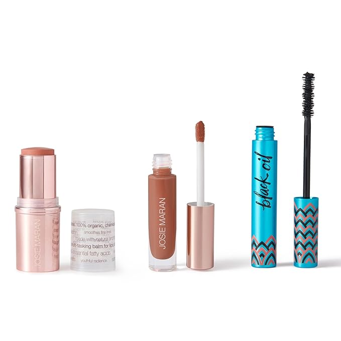 Josie Maran 3-Piece Color Makeup Kit - Argan Oil-Based Makeup Balm for Lips, Cheeks and Eyes, Hyaluronic Acid Lip Plumper & Argan Black Mascara (3 Piece Set)-VivaGrace Women