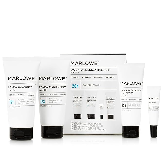 MARLOWE. Mens Skin Care Set, No. 204 Daily Essential Face Kit, No. 121 Facial Cleanser, No. 123 Facial Moisturizer, No. 127 Eye Cream, No. 128 Daily Face Lotion with SPF 50, Great Gift for Men-VivaGrace Women