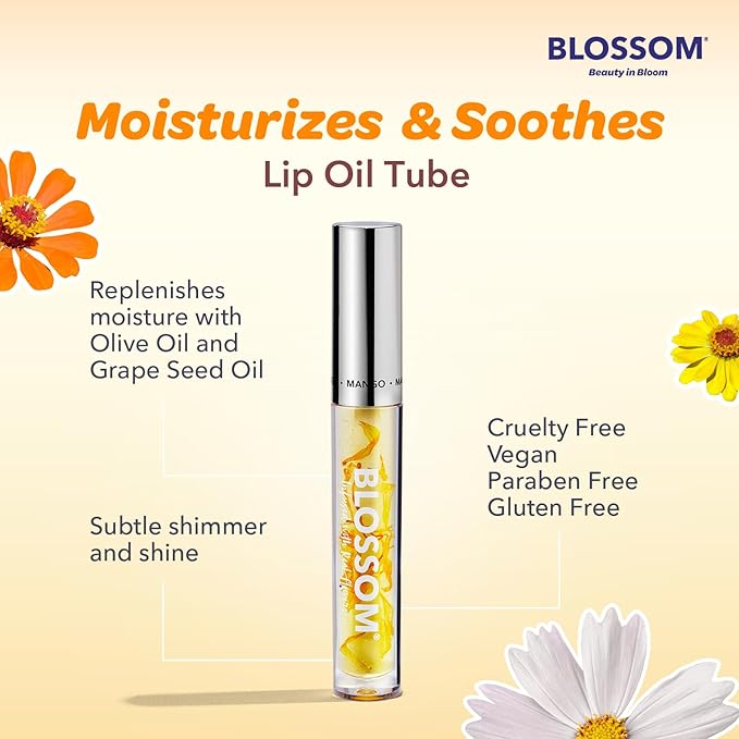 Blossom Moisturizing and Hydrating Shimmer Sparkle Lip Oil with Olive Oil + Grape Seed Oil, Infused with Real Flowers, 3g, Mango-VivaGrace Women