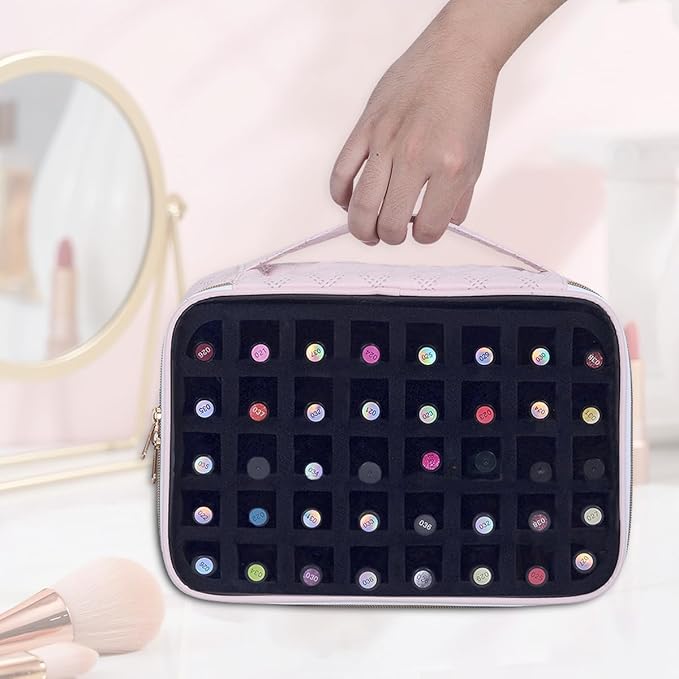 Nail Polish Bag organizer-Holds 40 bottles(15ml-0.5fl.oz)，Nail Polish Carrying Case Clear Multifunctional Cosmetic Travel Cases Makeup Bags Pink