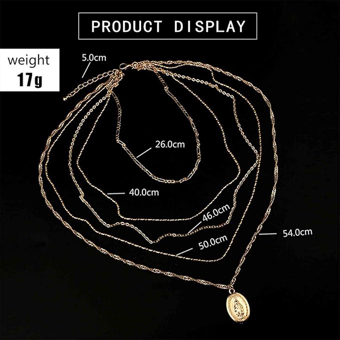 Boho Layered Oval Coin Necklace Choker Gold Virgin Mary Necklace Figaro Chain Necklace Vintage Multilayer Necklace Chain Jewelry for Women and Girls-VivaGrace Women