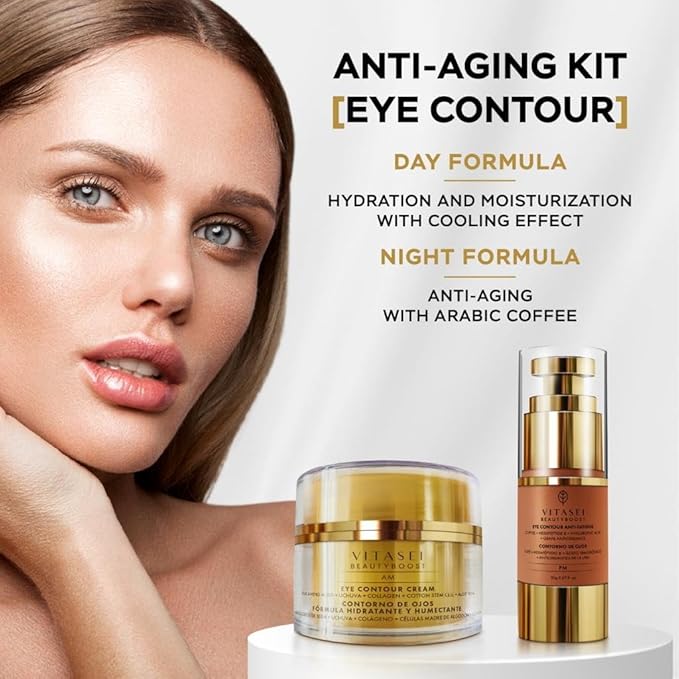 AM/PM Anti-Aging Kit Eye Contour Duo, Deep Hydration Eye Contour Cream with Cotton Stem Cells & Hyaluronic Acid (AM), Eye Contour Anti-Fatigue with Arabic Coffee for Under Eye Lines Protection(PM)-VivaGrace Women