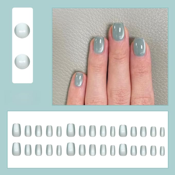 KQueenest Light Green Cat Eye Press on Nails Short Coffin, 30 Pcs Glitter Fake Nails Press ons, Acrylic Glue on Nails Shiny Sparkle False Nails Reusable Stick on Nails for Women Daily Wear