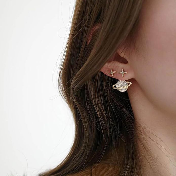 Crystal Saturn Planet Jacket Earrings Vintage Saturn Dangle Earrings Rhinestone Planet Drop Earrings Gold Cz Northstar Stud Earrings Celestial Front Back Earrings for Women Gifts-VivaGrace Women