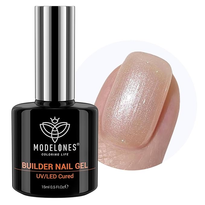 modelones Builder Nail Gel, 8-in-One Gold Shimmer Builder, Champagne Sparkle Glitter Rubber Color Base Gel Polish LED Lamp Cured, Apex Building Strengthener Extension for Home DIY Salon Girls-VivaGrace Women