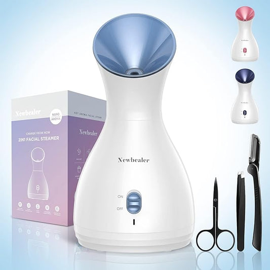 Newbealer 2in1 Facial Steamer, Hot Mist Facial Aromatherapy Humidifier Atomizer, Large Face Steamer Unclogs Pores Sinuses Moisturizing, Home Sauna Spa with Eyebrow Set (Blue, 170ml)-VivaGrace Women
