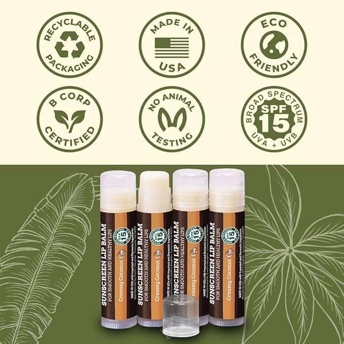 SPF Lip Balm 4-Pack by Earth's Daughter - Lip Sunscreen, SPF 15, Organic Ingredients, Coconut Flavor, Beeswax, Coconut Oil, Vitamin E - Hypoallergenic, Paraben Free, Gluten Free, New-VivaGrace Women