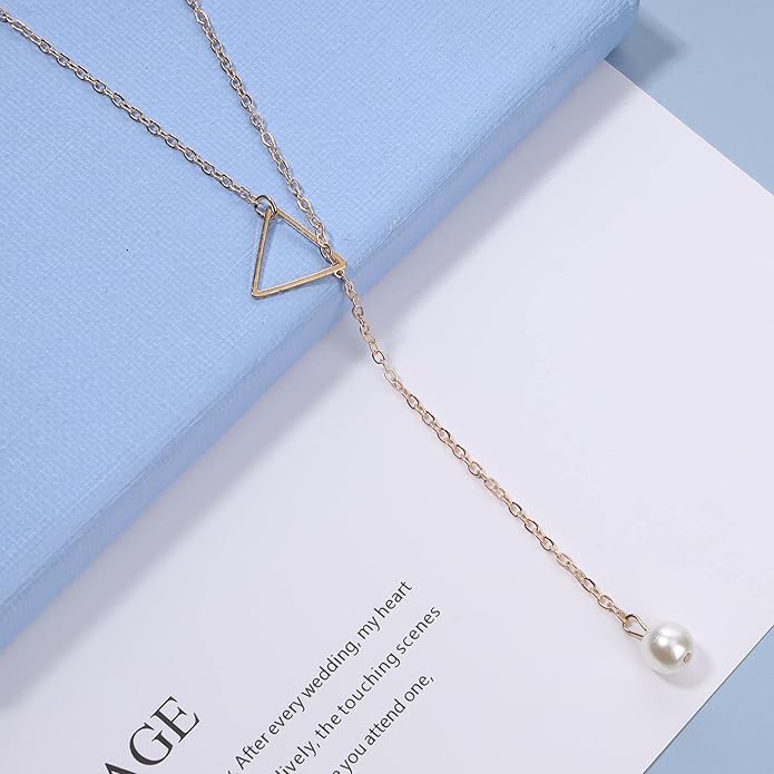 Boho Pearl Triangle Necklace Gold Y Pearl Necklace Minimalist Y Lariat Necklace Geometry Chain Jewelry for Women and Girls-VivaGrace Women