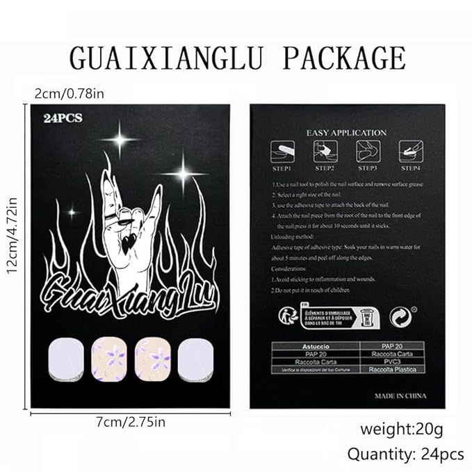 Short Press on Nails Mummer Square Fake Nails Purple Flower False Nails with Glitter Designs Cute French Tip Artificial Acrylic Nails Press ons Reusable Stick on Nails Summer Glue on Nails for Women