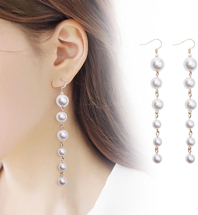 Boho Long Pearl Drop Earrings Vintage Gold Tassel Pearl Dangle Earrings Statement Pearl Chain Drop Dangle Earrings Wedding Prom Bridal Pearl Hook Earrings Jewelry for Women-VivaGrace Women