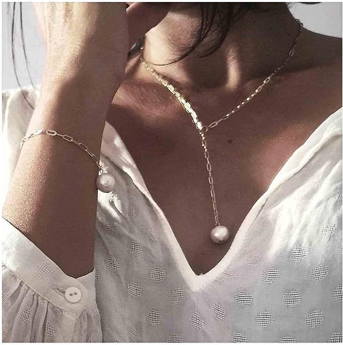 Boho Long Pearl Necklace Gold Lariat Y Necklace Choker Pearl Pendant Necklace Vintage Minimalist Necklace Chain Jewelry for Women and Girls-VivaGrace Women