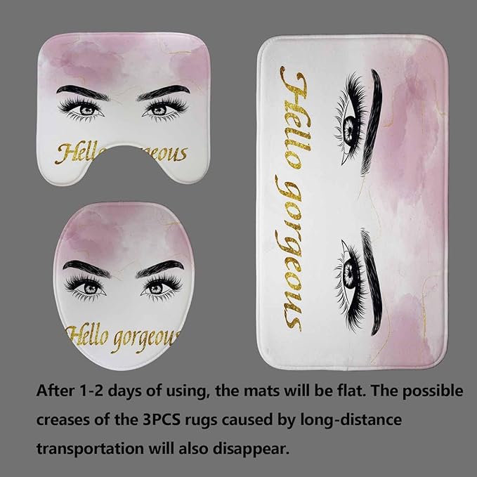 4PCS Hello Gorgeous Eyelash Shower Curtain Set, Gold Glitter Quotes Black Eyebrow Makeup Pink Marble Glam Modern Fashion Girly Women Bathroom Decor, Non-slip Bath Mat Toilet Rug, Charming Eyes-VivaGrace Women
