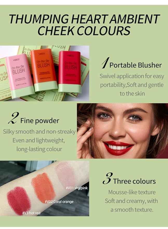 Multi-Use Makeup Blush Stick, Cream Blush Stick, Tinted Solid Moisturizer Stick for Cheek & Eyes & Lips, Waterproof Natural Nude Makeup, Suitable for All Skin (2#Hot Red)-VivaGrace Women