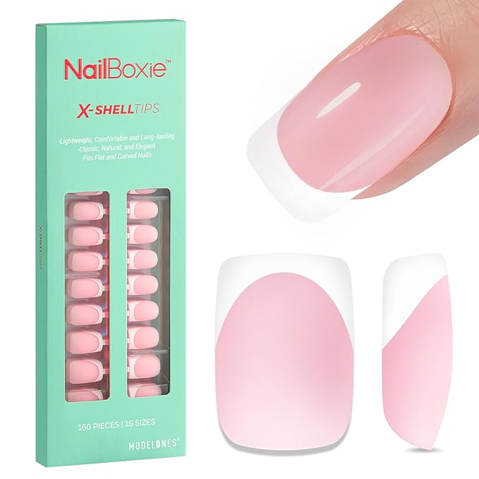 modelones French Tip Press on Nails, Short Square Fake Nails with Nail Box, Pink & White Gel Nail Tips for Women, Soft Glue-On Nails for Natural Salon Look, DIY Nail Art Kit-VivaGrace Women