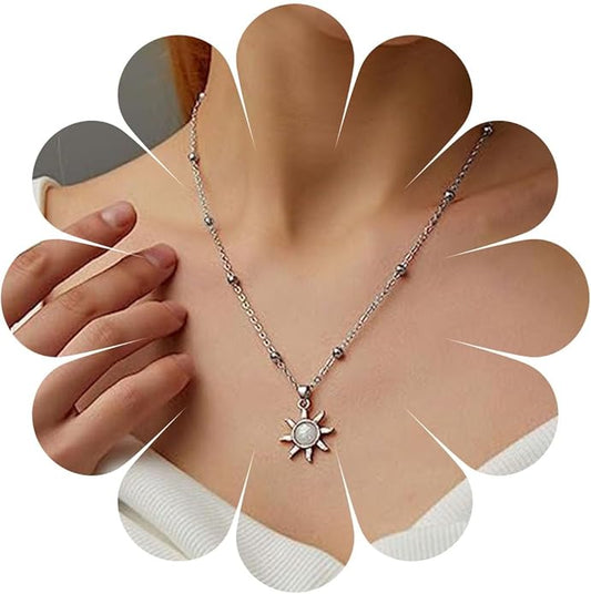 Vintage Opal Crystal Sun Pendent Necklace Opal Sunburst Necklace Moonstone Sun Choker Necklace Gold Ball Chain Necklace Jewelry for Women (Gold)-VivaGrace Women