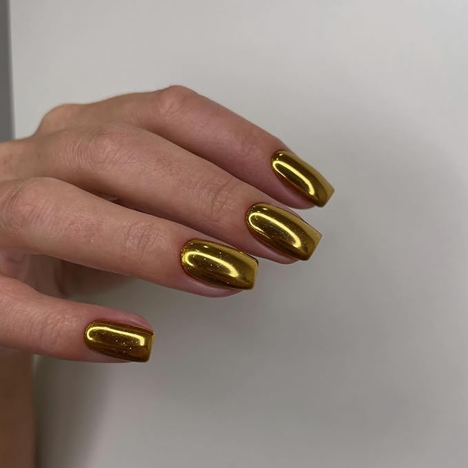 Gold Chrome Square Press on Nails Short Medium,KQueenest Mirror Metal Plating False Acrylic Nails Press Ons,Metallic Fake Nails,Natural Fit Glue on Nails Medium Length for Women